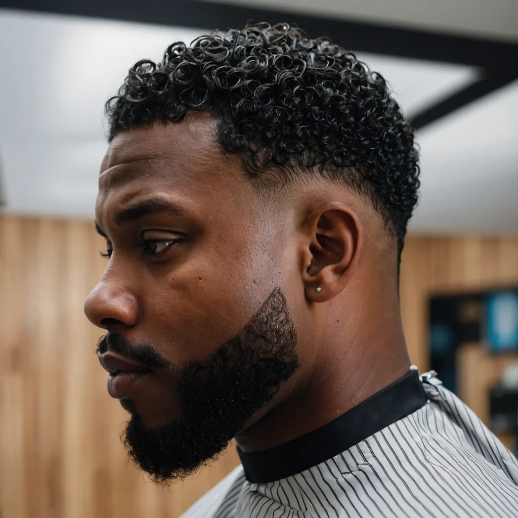 Low Fade with 360 WavesBlack man showcasing 3
