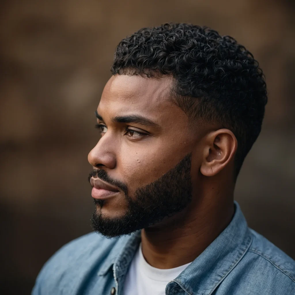 Low Fade with Short CurlsBlack man with soft 0