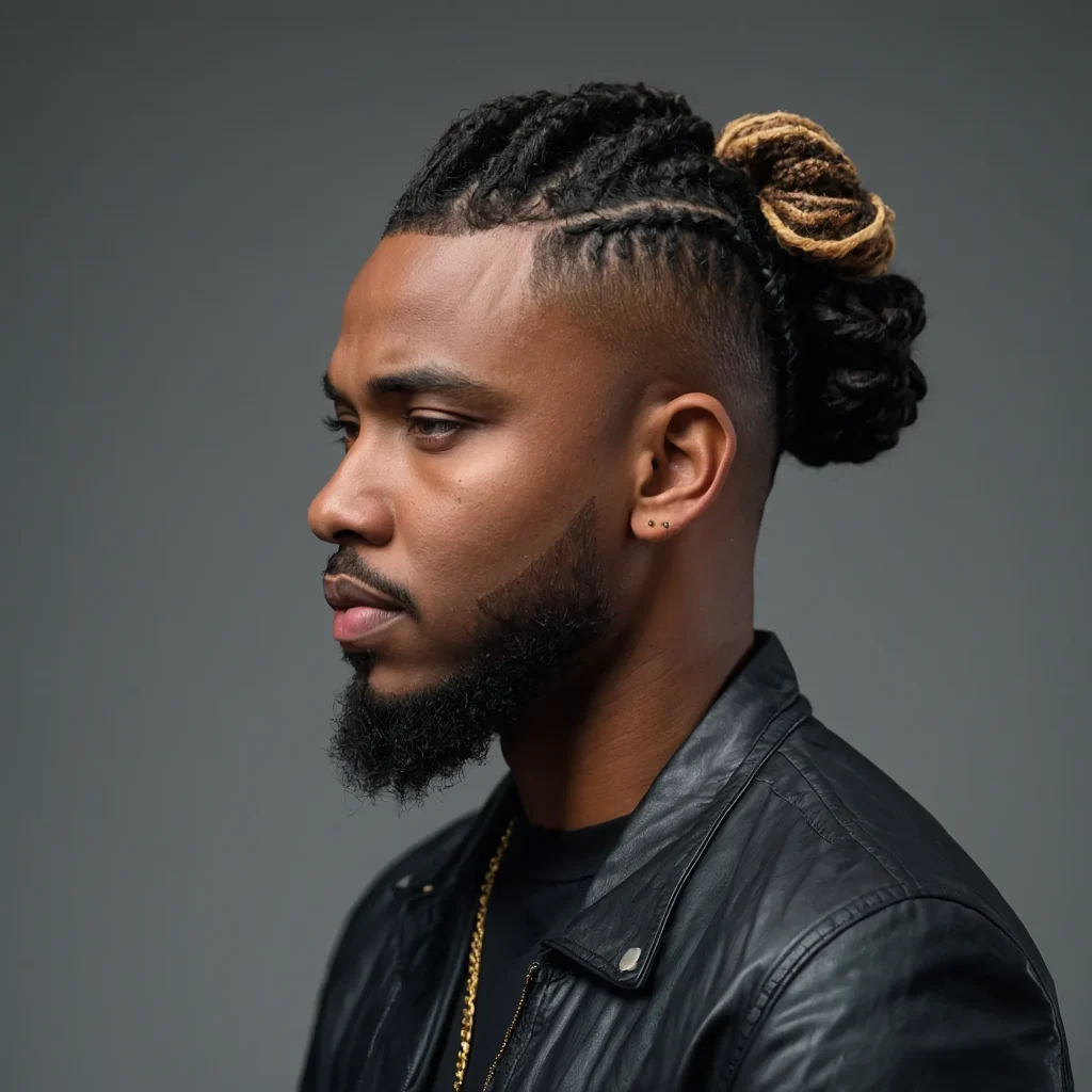 Low Fade with Short Loc BunShort locs pulled 3