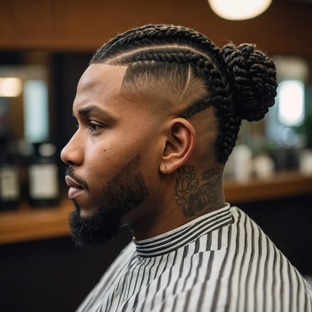 Low Taper Fade with Braided BunBlack man w