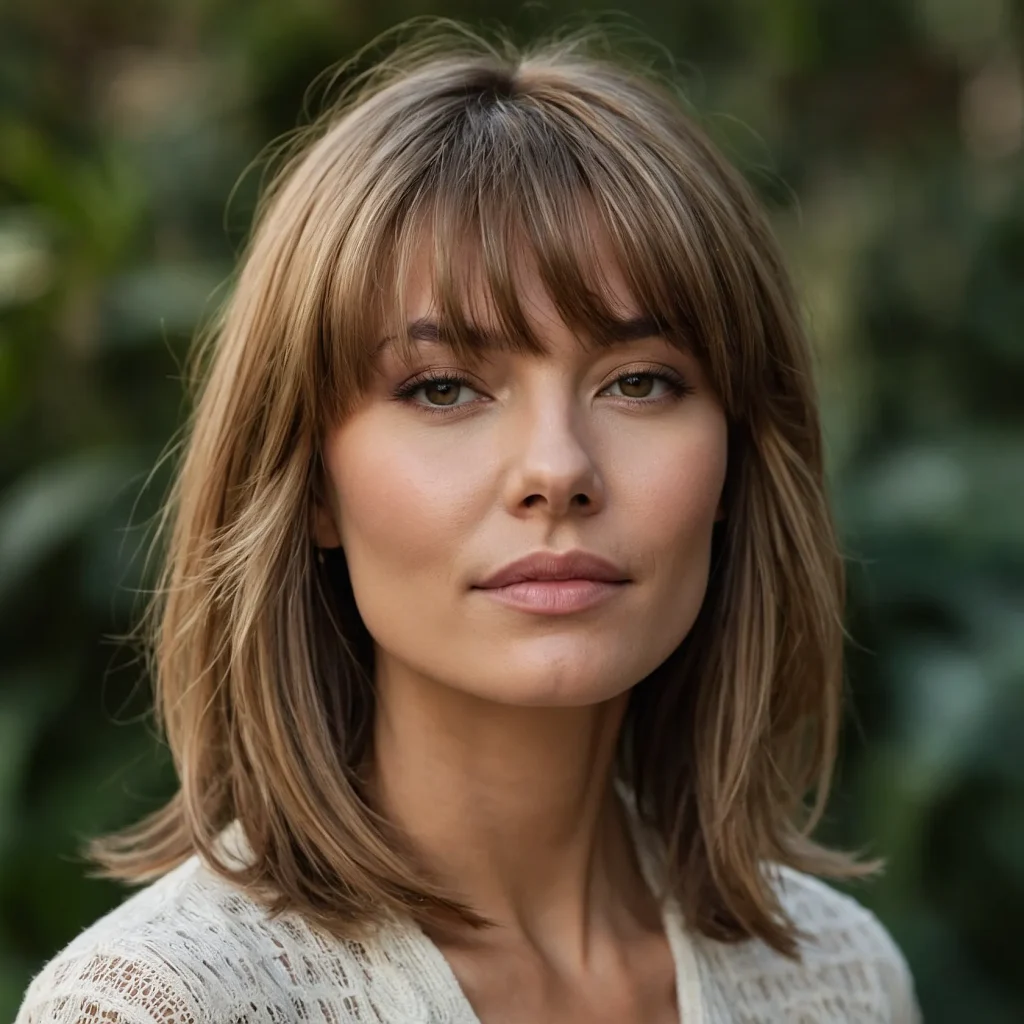 A closeup of a woman with fine silky hair sty 3