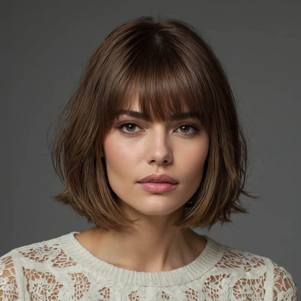A realistic hairstyle featuring a layered fri 0