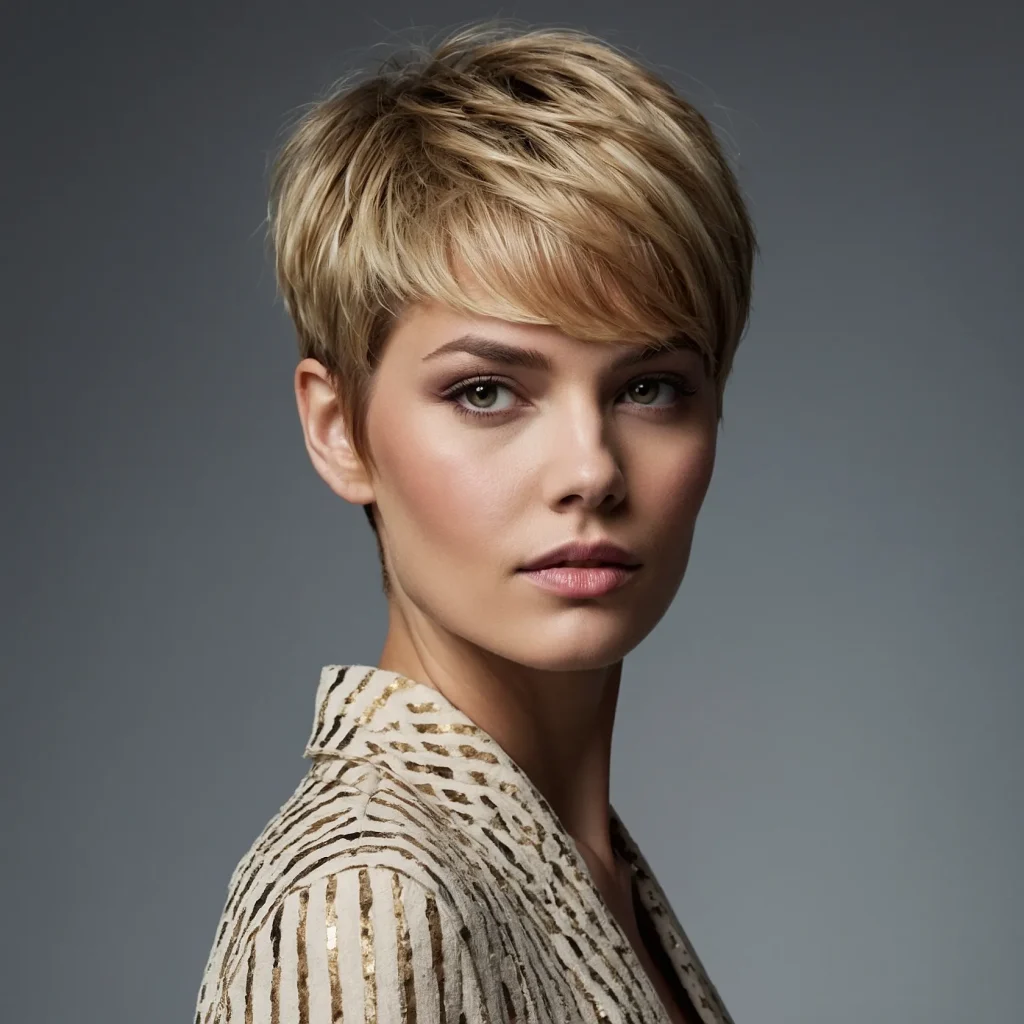 A stylish woman with a bold pixie or bixie ha 2