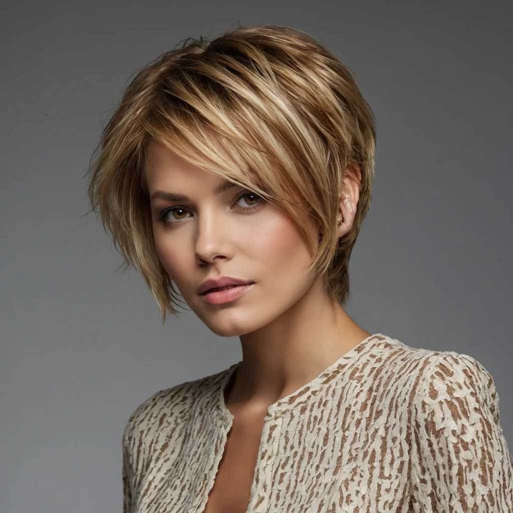 A woman with a choppy layered haircut featuri 0
