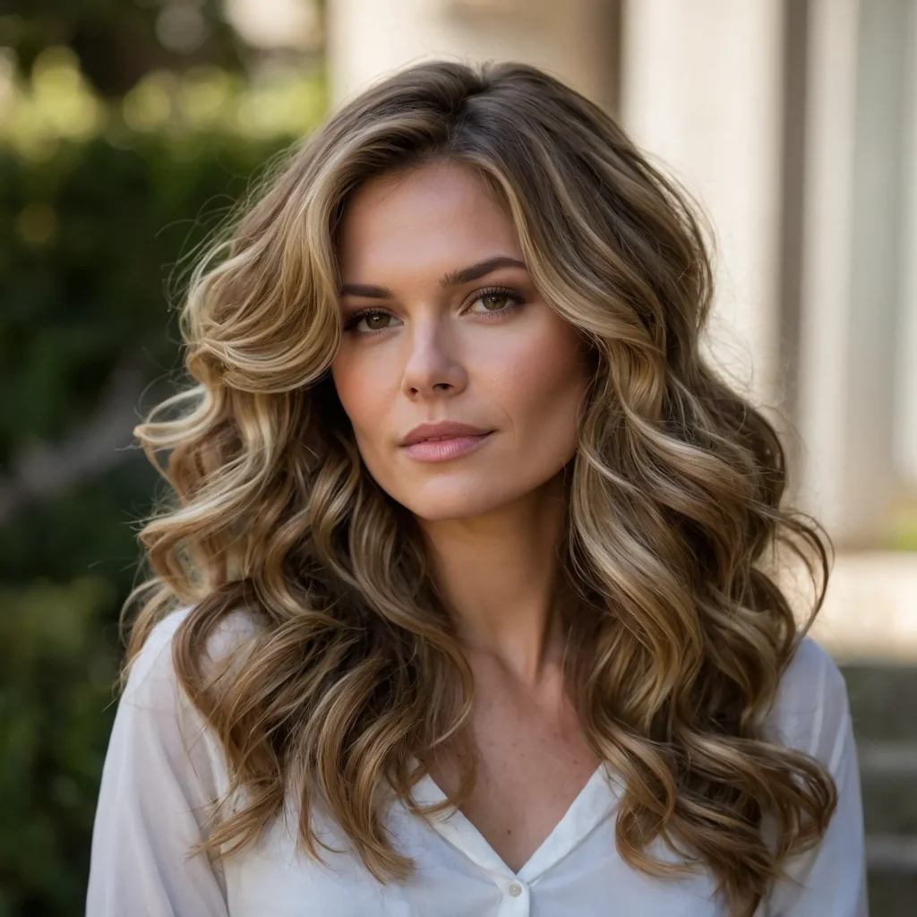 A woman with long brown hair styled in soft l 0