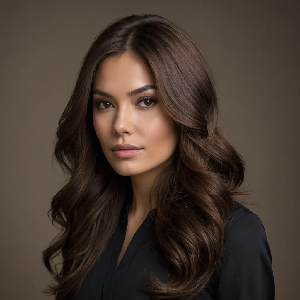 A woman with rich mocha brown hair featuring 2
