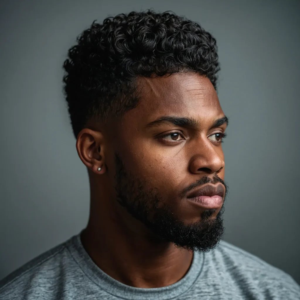 Black man with full curly top and low skin bu 0