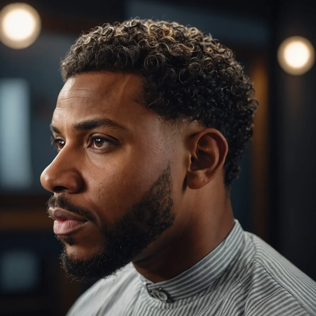 Black man with natural curly top and low burs 0