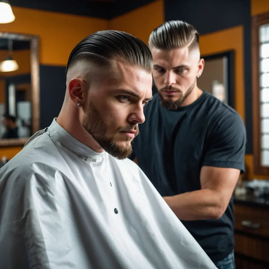 BrushedBack Mullet Fadewhite man with slick 3