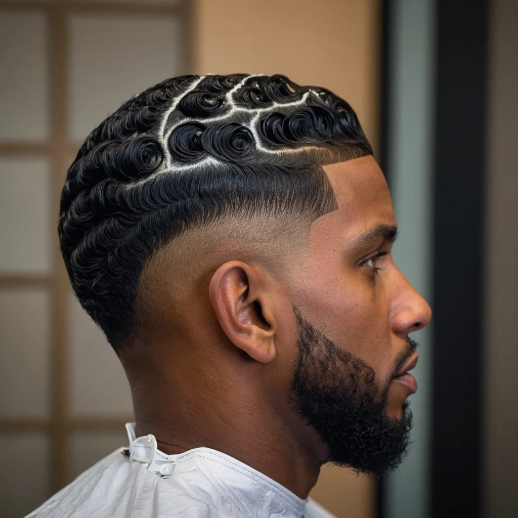 Drop Fade with 360 WavesBlack man with sharp 3
