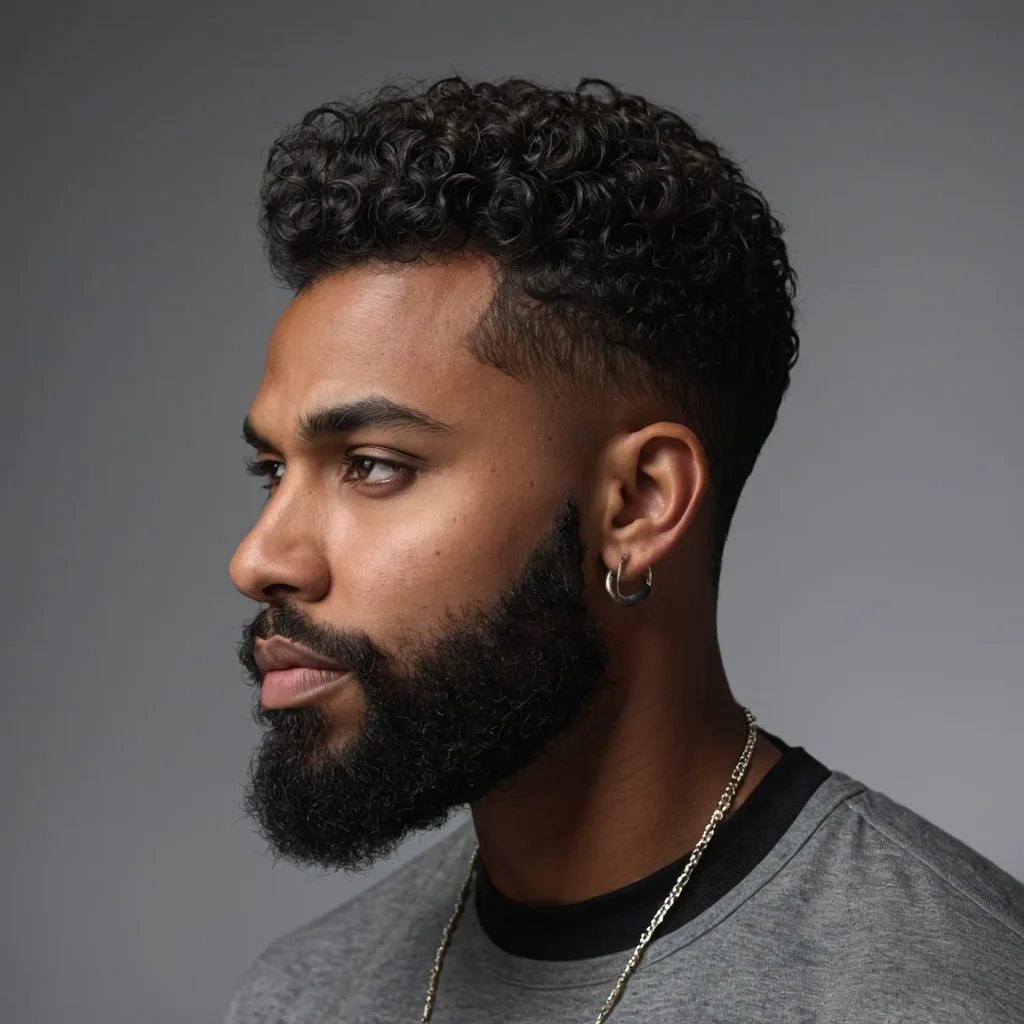 Drop Fade with Defined Curls and Beard LineUp 0