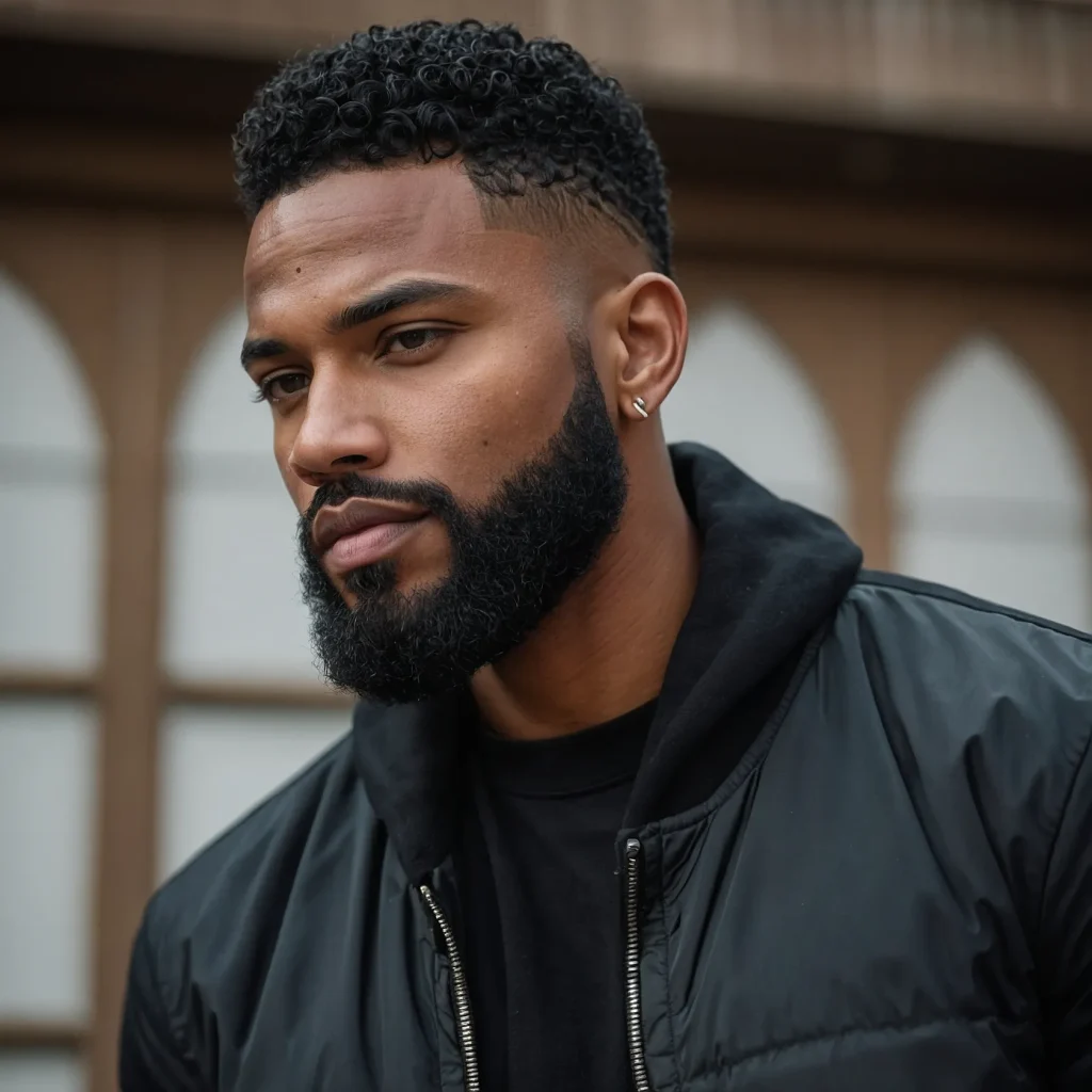 Drop Fade with Defined Curls and Beard LineUp 3