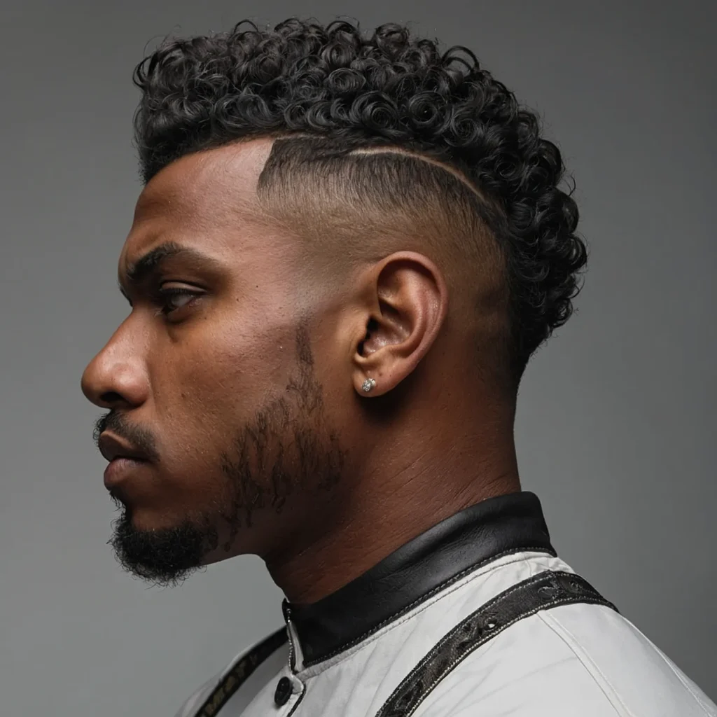 High Taper Fade FrohawkBlack man with curls s 0