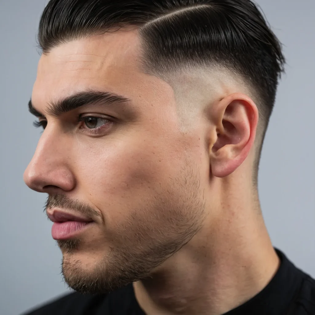 Low Drop Fade with Hard Partwhite man with 1