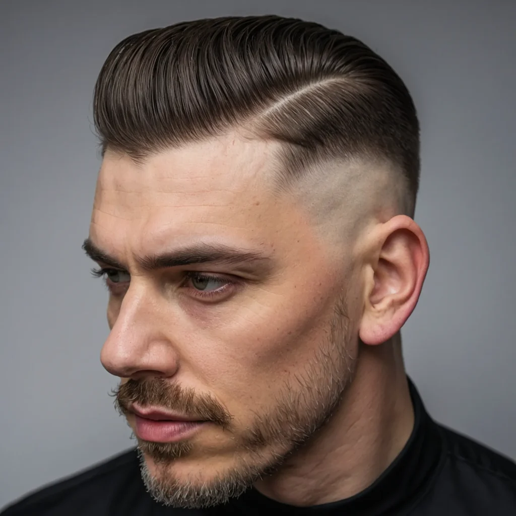 Low Drop Fade with Hard Partwhite man with 2