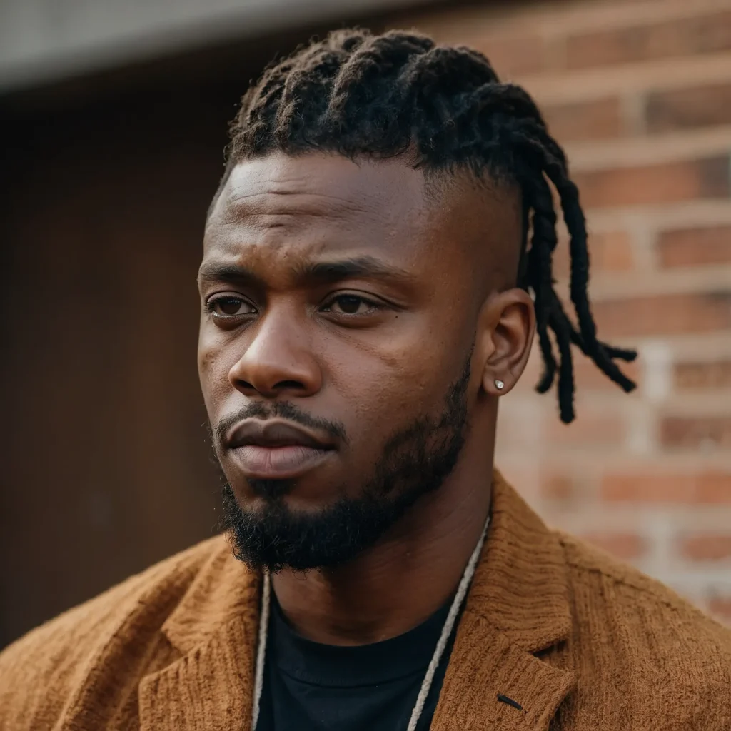 Mid Fade with Short DreadsBlack man wearing 0