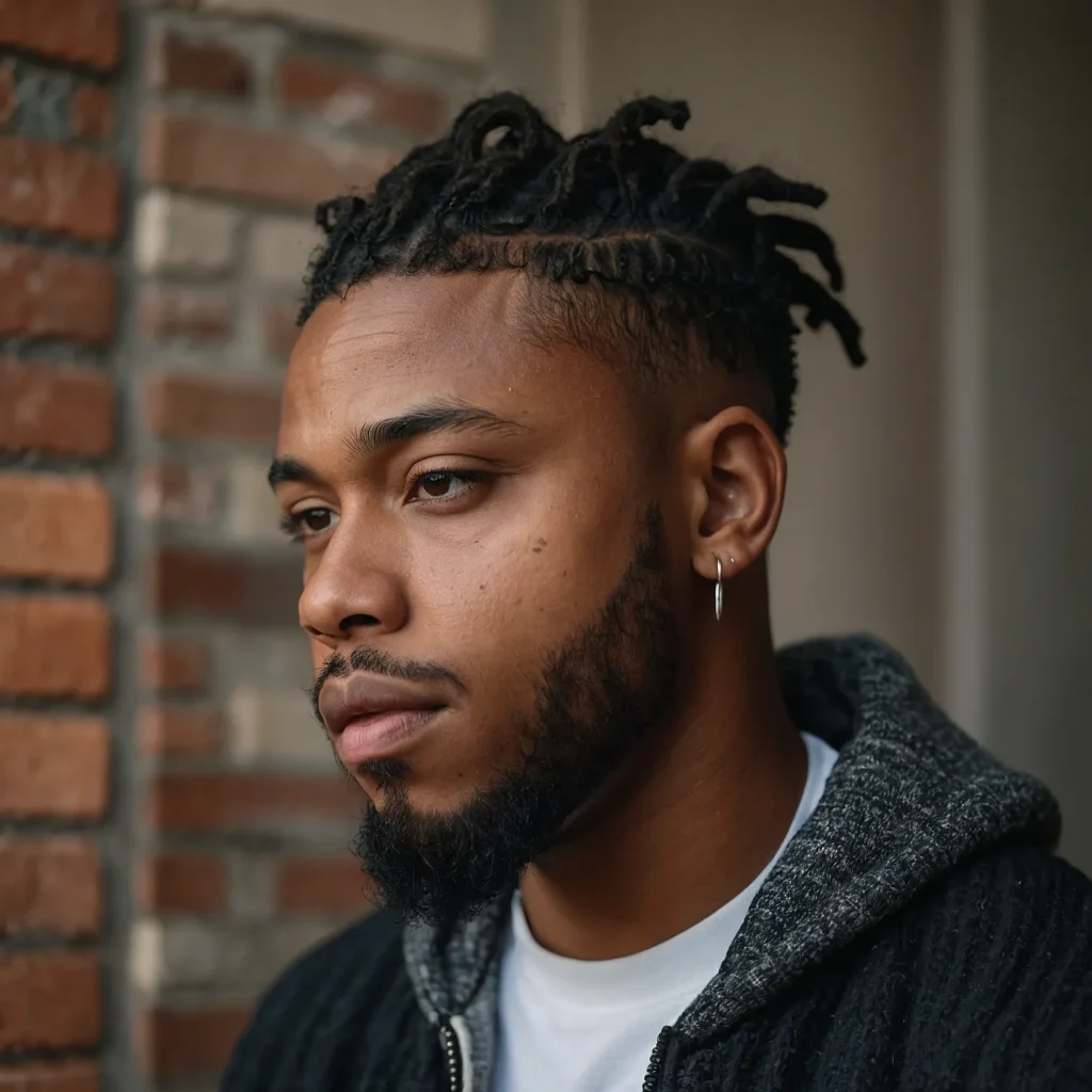 Mid Fade with Short DreadsBlack man wearing 3