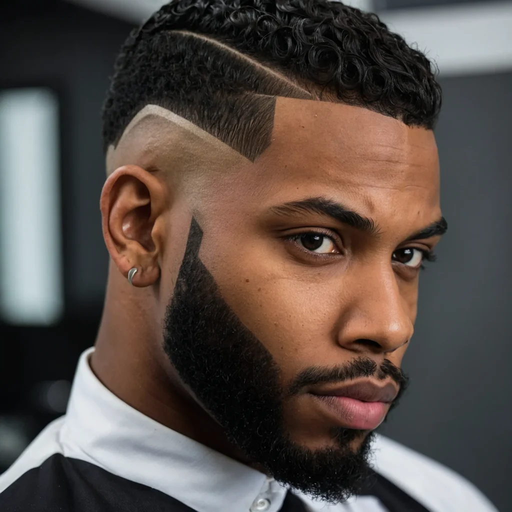 Taper Fade with Part and DesignA Black man wi 0