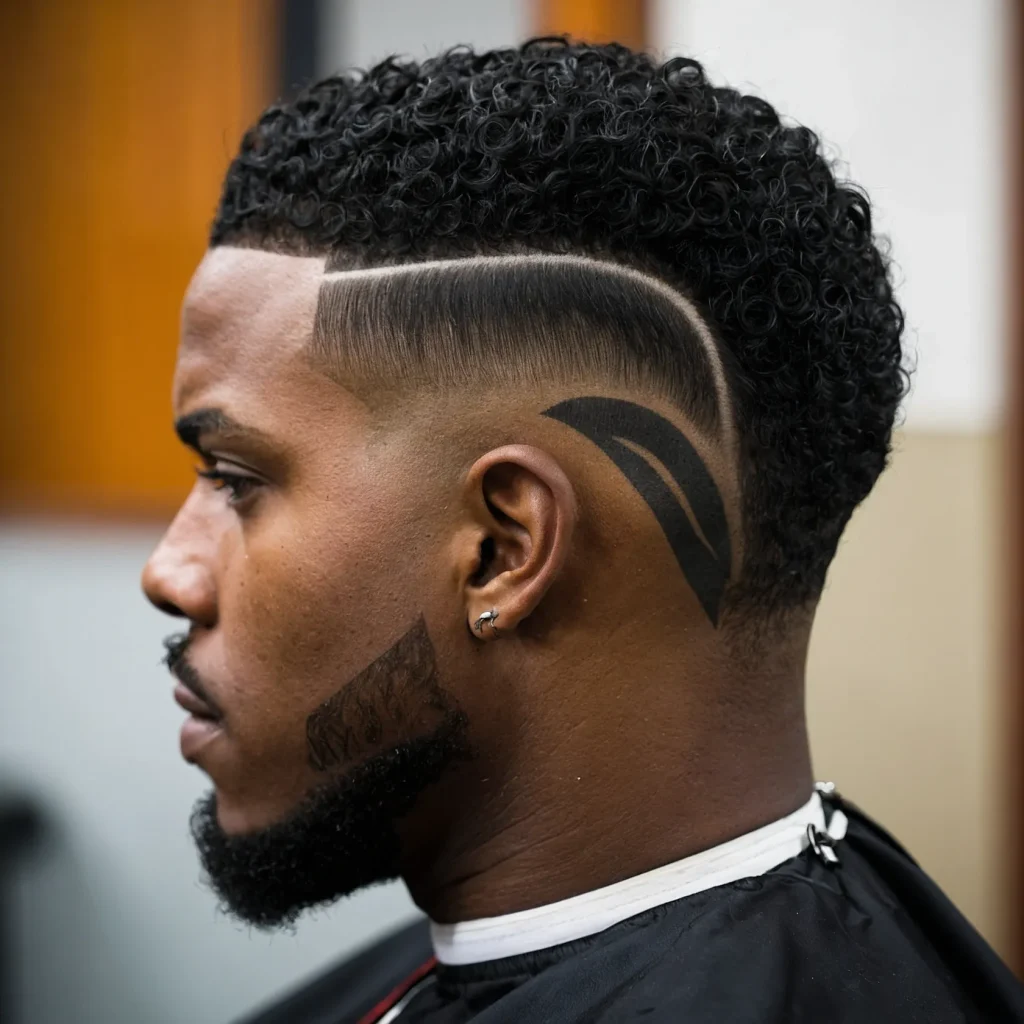 Taper Fade with Part and DesignA Black man wi 1