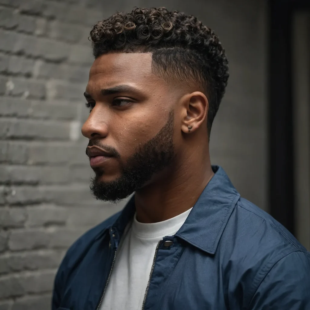 Taper Fade with Sponge CurlsA Black man with 0
