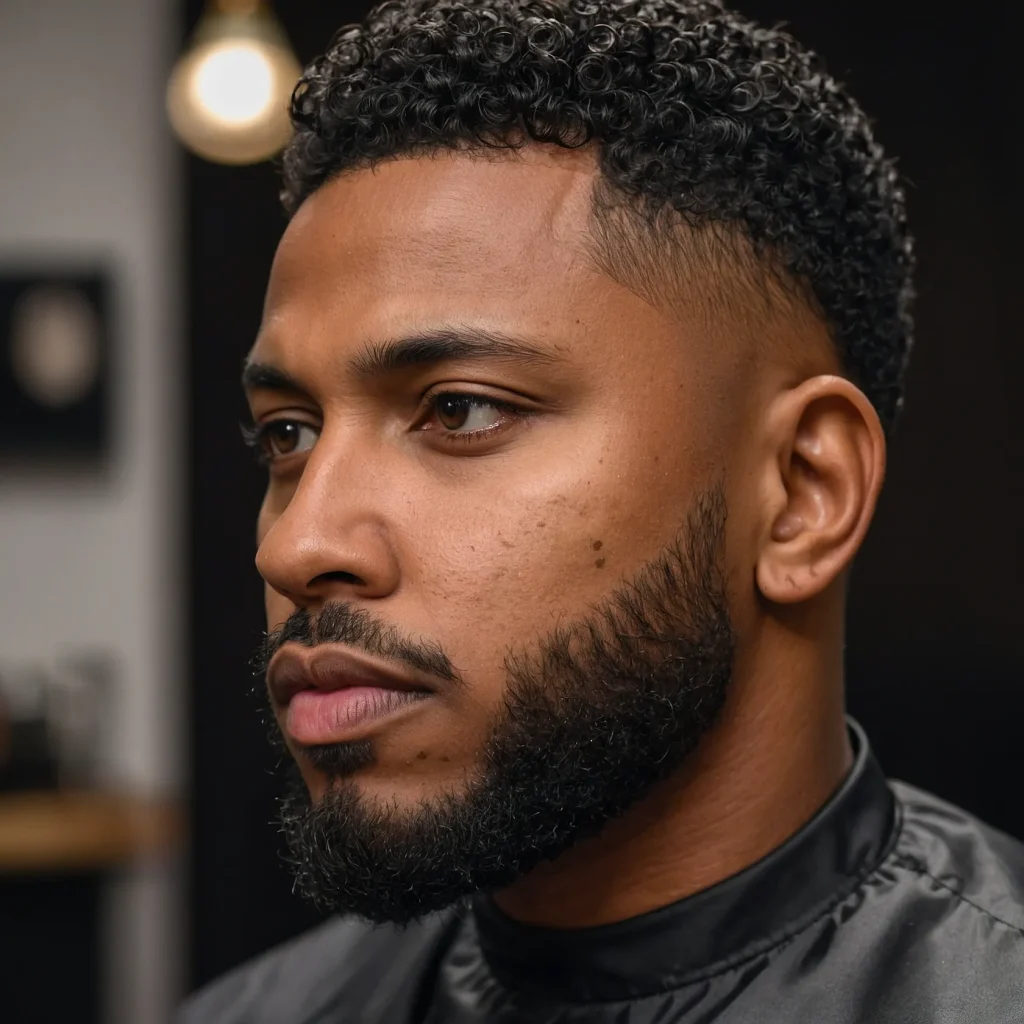 Taper Fade with Sponge CurlsA Black man with 3