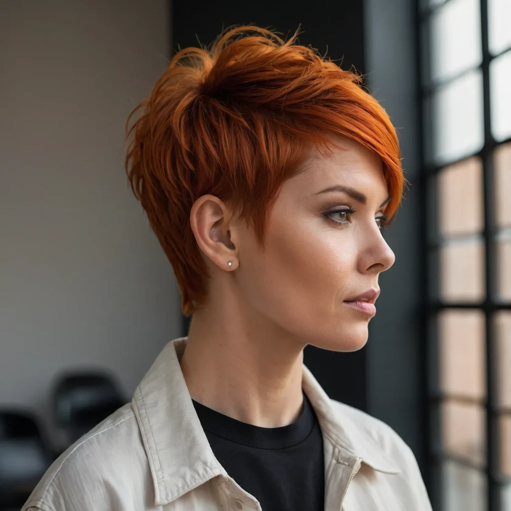 woman with burnt orange pixie haircut sty 1