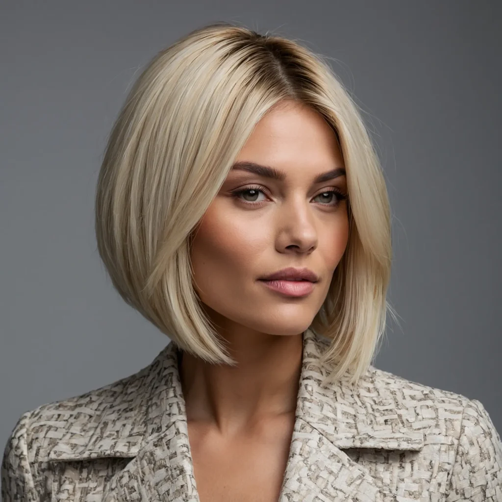 woman with sharp bluntcut blonde bob feat 0