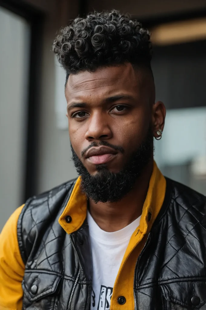 Burst Skin Fade Mohawk CurlsA Black man with 3