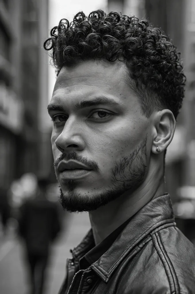 Burst Taper Fade Curly TopA man with a burst 3