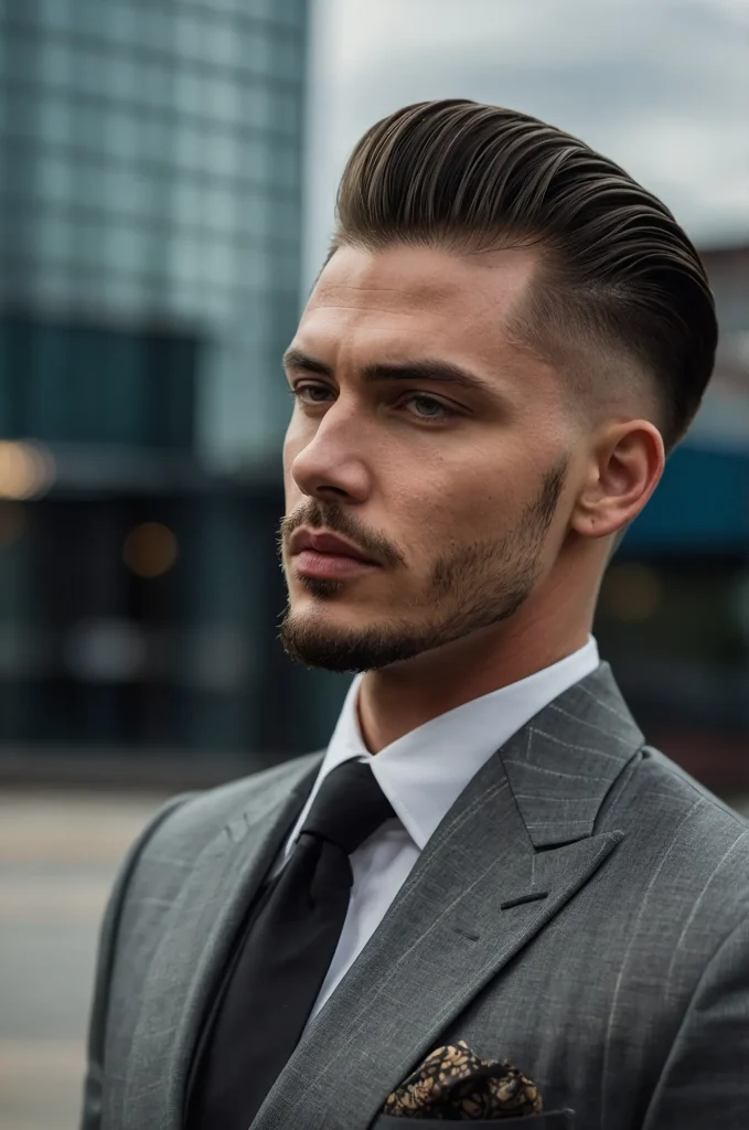 High Drop Fade Slick BackA male model with a 3